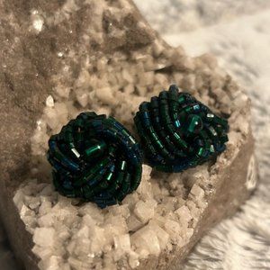 Stunning Vintage Green and Blue Bead Clip On Earrings